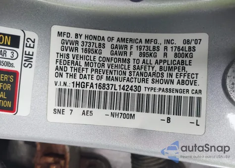 2007 Honda Civic Ex from USA, damaged, VIN 1HGFA16837L142430
